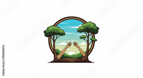 Two hands reach out within a framed natural landscape with trees