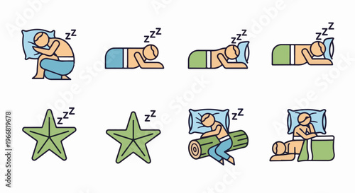 Various sleeping positions and starfish icons, indicating sleep