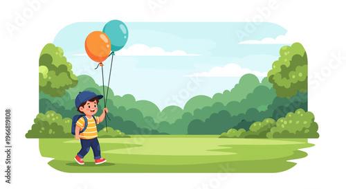 Young boy holding balloons while walking in a sunny green park