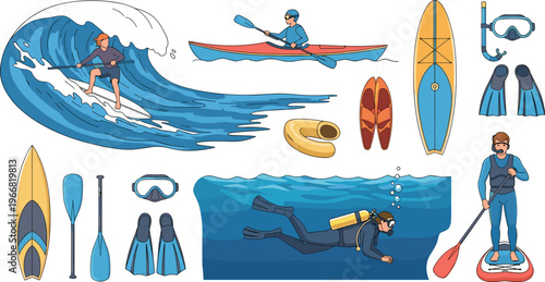 Water sports vector set with surfing kayaking paddleboarding snorkeling diving and ocean activity equipment isolated on white background