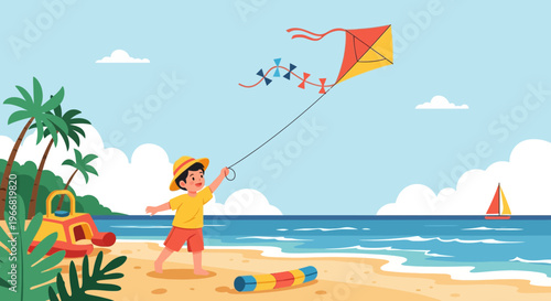 A happy young boy in a straw hat flying a colorful kite on a sunny beach by the ocean