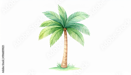 Watercolor palm tree with green leaves and brown trunk isolated on white background, bright tropical nature illustration