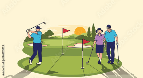 Senior couple and golfer enjoying a sunny day on the golf course