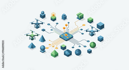 Central processing unit connected to various technology elements and geometric shapes.