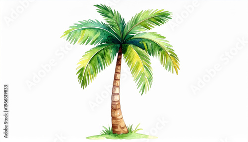 Watercolor palm tree with green leaves and brown trunk isolated on white background, tropical nature illustration with fresh colors