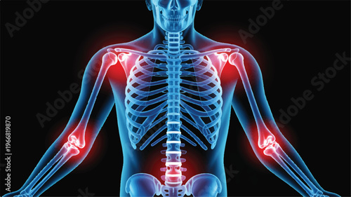 Skeletal Structure with Pain Points: A detailed, artistic representation of the human skeletal structure, highlighting areas of pain and inflammation.