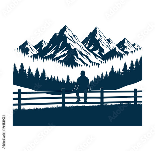 man sitting on a fence looking at snowcapped mountains and pine trees
