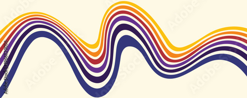 Abstract colorful 70s background vector. Vintage retro wallpaper with rainbow stripes and wavy lines. A 1970 color illustration suitable for posters, banners, decorative items and wall art.