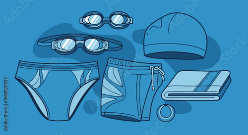 Blue swimming gear, goggles, cap, briefs, trunks, towel, and ring on blue background