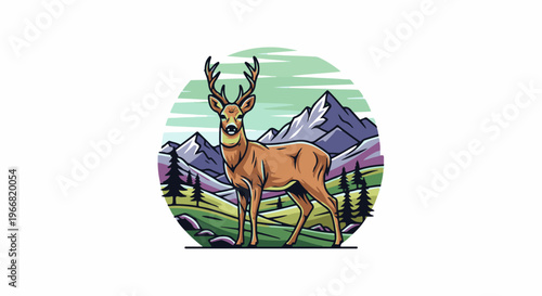 Stylized illustration of a deer with antlers standing in a mountainous landscape