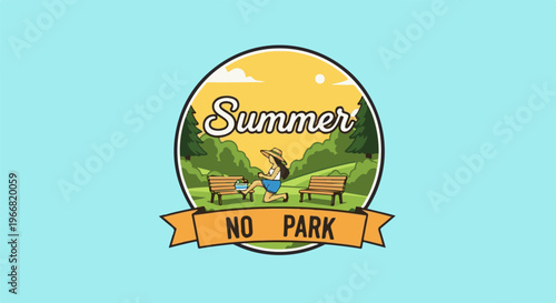 Woman in park with picnic basket, yellow sun, trees, benches, and text