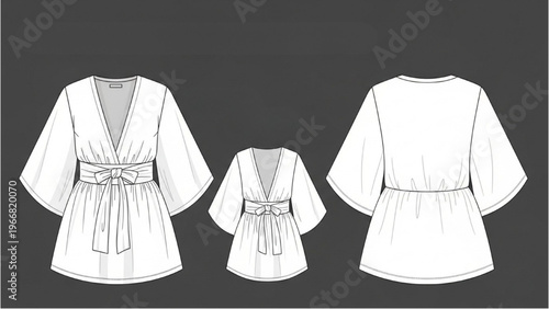 Vector CAD design style illustrations of white robe outfits in various views