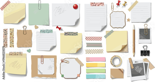 Assorted Sticky Notes and Office Supplies Set with Paper Clips, Washi Tape, and Push Pins for Organization and Stationery Designs