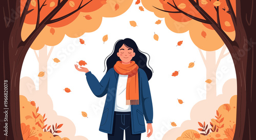 A woman enjoying the autumn season, surrounded by falling leaves and warm colors.