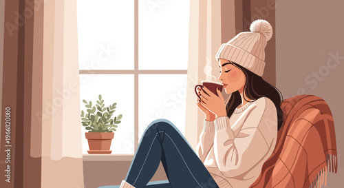 Cozy woman in winter hat drinking hot chocolate by the window