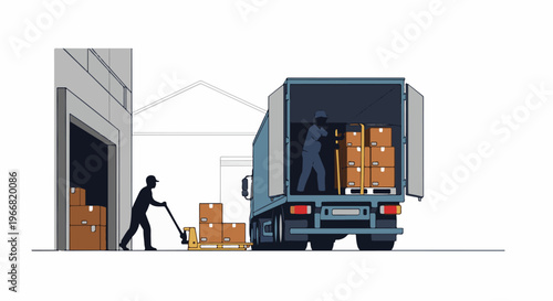 Workers load boxes onto a truck at a warehouse loading dock