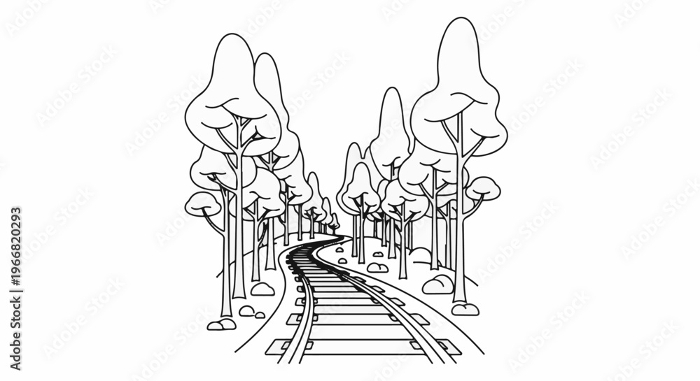 Obraz premium A stylized, curving railway line winds through a forest of trees