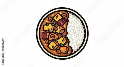 A stylized illustration of a bowl of curry with rice, vegetables, and beans