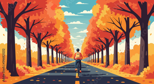 Person cycling down a vibrant autumn road lined with colorful trees, enjoying the season outdoors