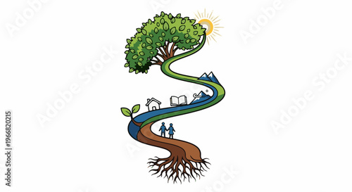 Stylized tree with roots, sun, mountains, water, house, book, and children
