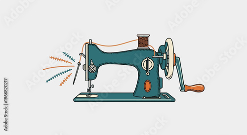 Antique teal sewing machine with hand crank stitches orange and blue
