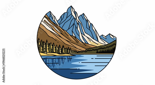 Stylized mountain range reflected in a calm lake with pine forest
