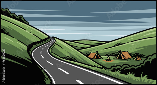 A winding road leads to a campsite nestled in rolling green hills under a cloudy sky