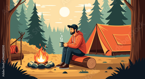 Man enjoying a warm drink by the campfire near a tent in a serene forest setting