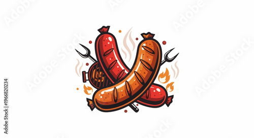 Sizzling sausages on a grill with flames and fork