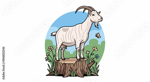 A stylized goat stands proudly on a tree stump with flowers and a butterfly