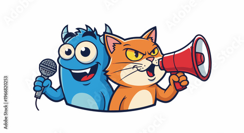 Animated blue monster and orange cat holding microphone and megaphone