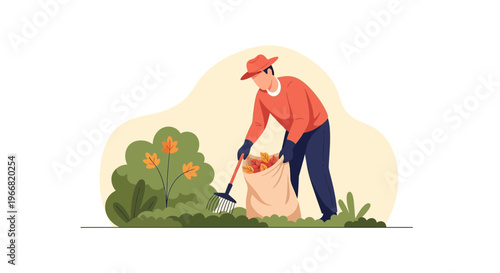 Man in hat and gloves raking fallen autumn leaves into a bag in the garden