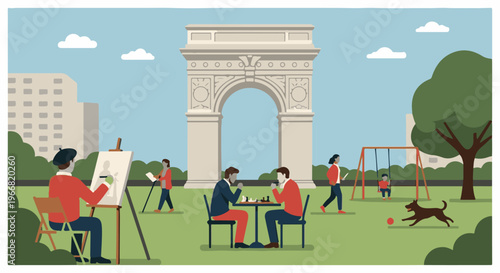 People enjoying leisure activities in a park with a grand arch in background