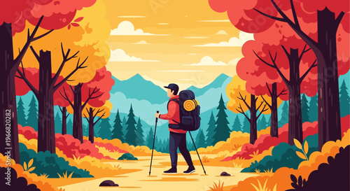 Man with backpack hiking through autumn landscape with mountains and colorful trees