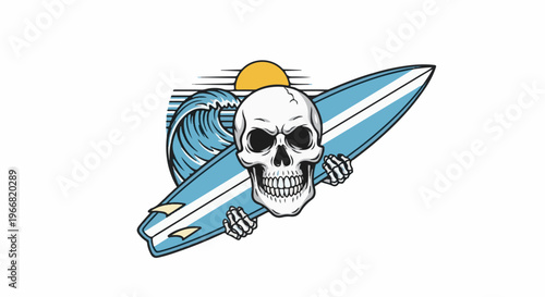 Skeleton surfer rides a wave at sunset with a surfboard