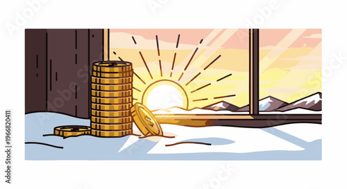 Stacks of coins in snow with a sunrise view through a window