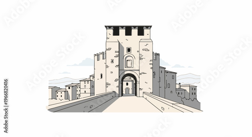 Stone bridge leads to an ancient fortified gateway with surrounding buildings under a cloudy sky