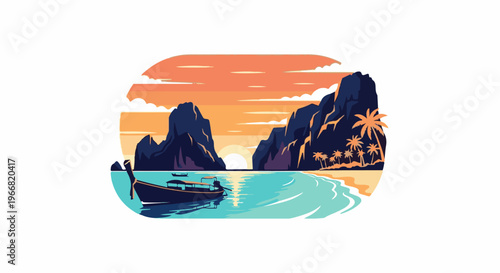Tropical island cove at sunset with longboat on turquoise water
