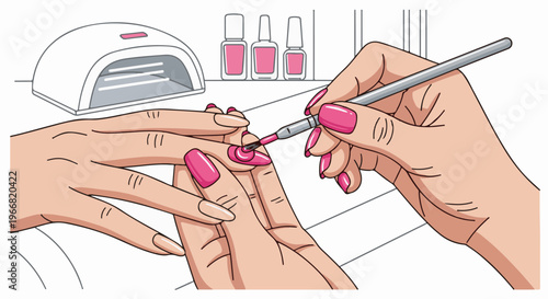 A nail technician applies pink polish to a client's fingernail with a brush