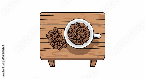 Top view of a wooden board with a white cup filled with coffee beans
