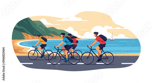 Group of friends cycling together along a scenic coastal road with mountains and ocean views