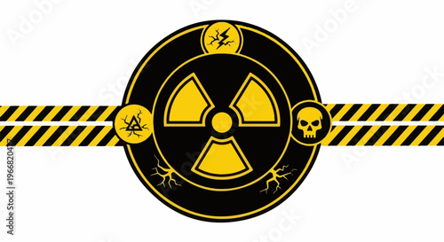 Radioactive warning symbol with caution stripes, skull, and lightning