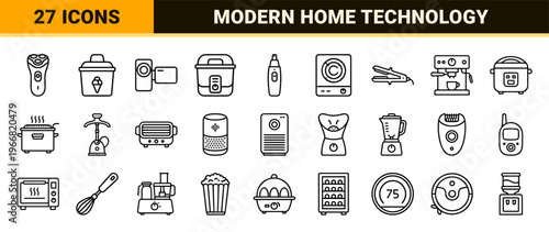 Household Appliances and Consumer Electronics Line Art: minimalist Geometric Outline Symbols for Smart Home and Domestic Utility Design.