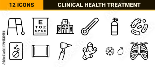 Medical Healthcare Pharmacy Outline Symbols for Clinical Research and Patient Care featuring Minimalist Geometric Monoline Aesthetics.