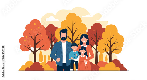 A happy family of four enjoys a colorful autumn day posing for a photograph amidst vibrant fall trees