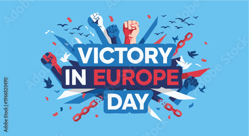 Victory in Europe Day Celebration Graphic with Patriotic Colors and Dynamic Illustrations for Historical Commemoration