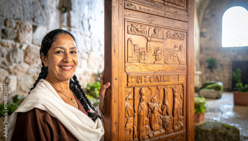 Mature woman in biblical attire smiling near carved wooden door inside ancient stone building with natural light
