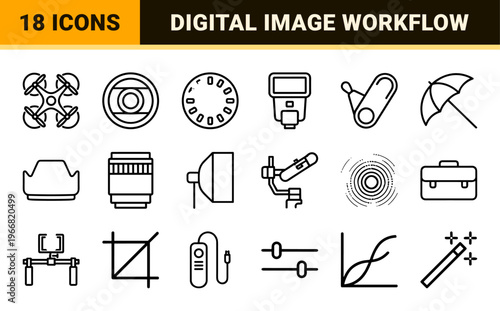 Professional Photography and Digital Imaging Workflow Outline Icon Set Featuring Modern Cameras Lenses and Editing Interface Symbols.