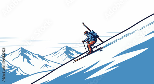 A lone skier descends a snowy mountain slope with peaks in the distance