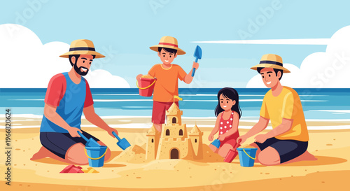 A happy family building a sandcastle together on a sunny beach during summer vacation.